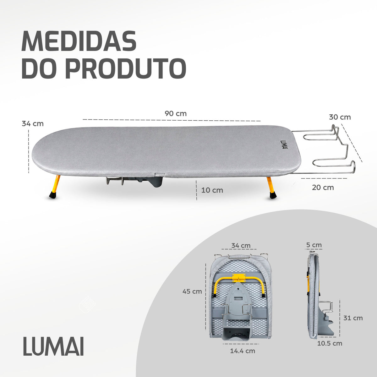 Medidas da tábua Manchester aberta e dobrada