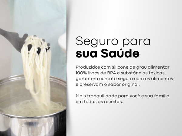 Banner mobile dos utensílios de silicone Lumai com texto: Seguro para sua Saúde — produzidos com silicone de grau alimentar, 100% livres de BPA, contato seguro com alimentos e mais tranquilidade para a família.