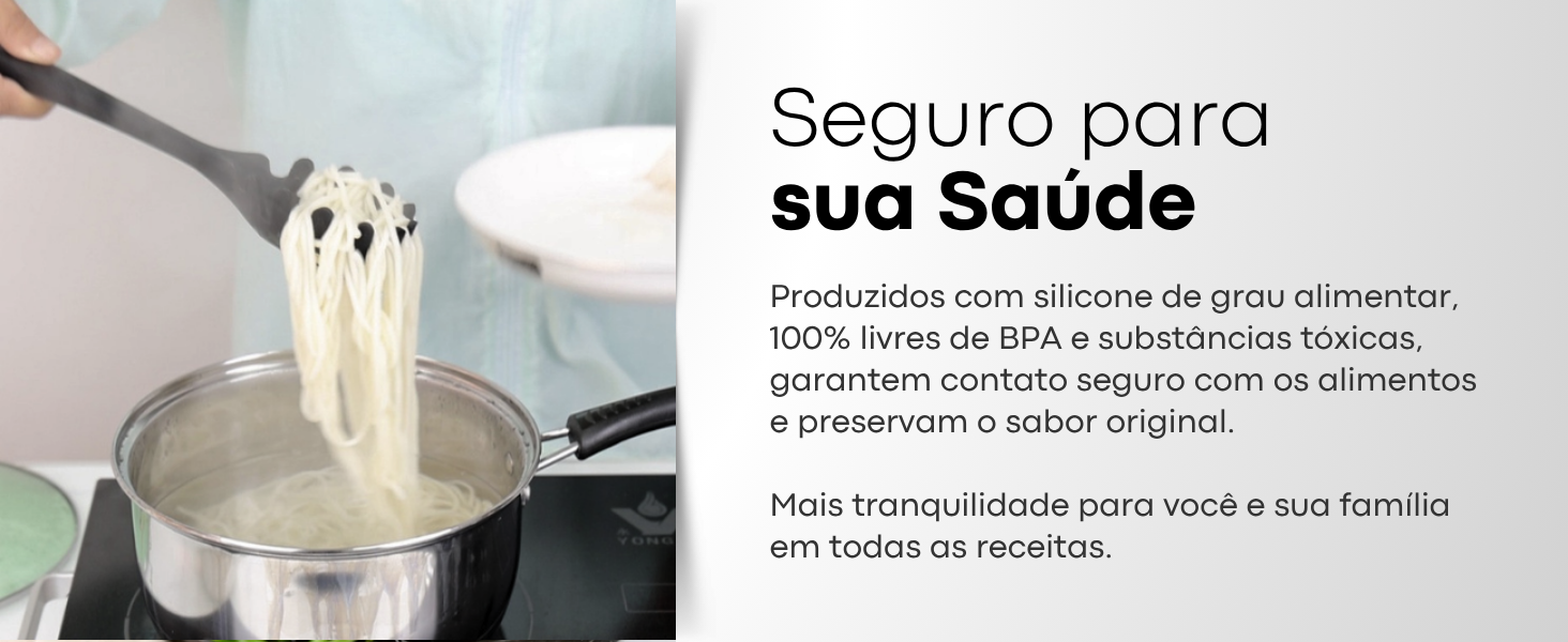 Banner dos utensílios de silicone Lumai com texto: Seguro para sua Saúde — produzidos com silicone de grau alimentar, 100% livres de BPA e substâncias tóxicas, contato seguro com os alimentos.