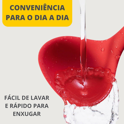 Banner dos utensílios de silicone vermelho Lumai com concha em destaque e texto: Conveniência para o Dia a Dia — Fácil de Lavar e Rápido para Enxugar.