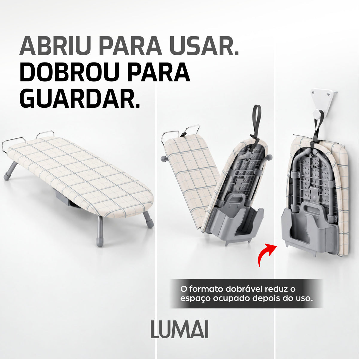 Tábua Oxford aberta e dobrada: abriu para usar, dobrou para guardar